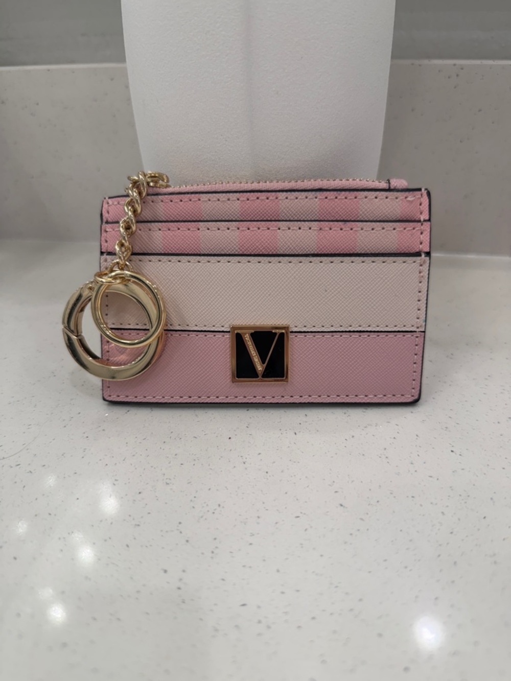 Victoria's Secret Pink and Cream Striped Card Holder Keychain